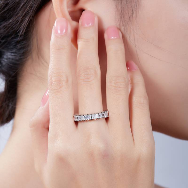 Rectangular full body lined ring S925 silver plated platinum moissanite diamond women's ring 4.6 carats D-grade